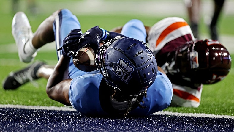 Sep 2, 2022; Norfolk, Virginia, USA;  Old Dominion Monarchs wide receiver Ali Jennings III (0) catches a pass during the fourth quarter against the Virginia Tech Hokies at Kornblau Field at S.B. Ballard Stadium. Mandatory Credit: Peter Casey-USA TODAY Sports