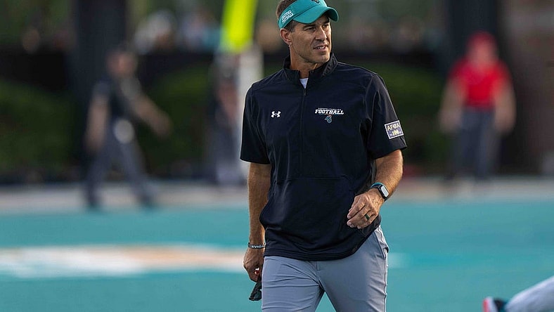 Sep 3, 2022; Conway, South Carolina, USA; Coastal Carolina Chanticleers head coach Jamey Chadwell during warmups prior to a game against the Army Black Knights at Brooks Stadium. Mandatory Credit: David Yeazell-USA TODAY Sports