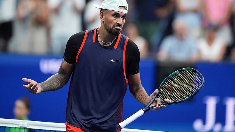 Sep 4, 2022; Flushing, NY, USA; Nick Kyrgios of Australia reacts to defeating Daniil Medvedev on day seven of the 2022 U.S. Open tennis tournament at USTA Billie Jean King Tennis Center. Mandatory Credit: Danielle Parhizkaran-USA TODAY Sports