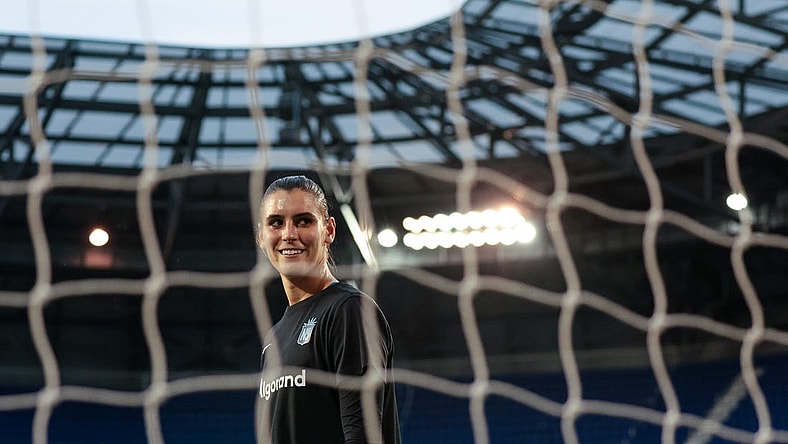 Sep 21, 2022; Harrison, New Jersey, USA; New Jersey/New York Gotham FC goalkeeper Hensley Hancuff (51) during warmups before the game against the OL Reign at Red Bull Arena. Mandatory Credit: Vincent Carchietta-USA TODAY Sports