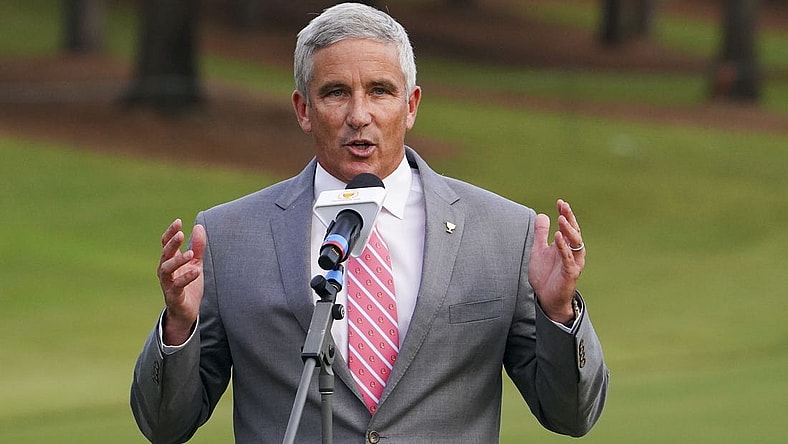Sep 25, 2022; Charlotte, North Carolina, USA; PGA Tour commissioner Jay Monahan talks during the singles match play of the Presidents Cup golf tournament at Quail Hollow Club. Mandatory Credit: Peter Casey-USA TODAY Sports