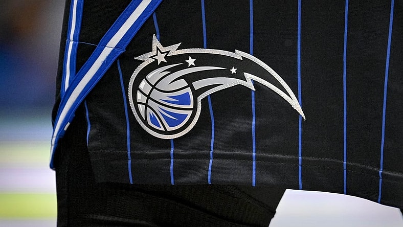 Oct 7, 2022; Dallas, Texas, USA; A view of the Orlando Magic logo during the game between the Dallas Mavericks and the Orlando Magic at the American Airlines Center. Mandatory Credit: Jerome Miron-USA TODAY Sports