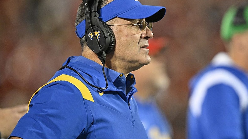 Oct 22, 2022; Louisville, Kentucky, USA;  Pittsburgh Panthers head coach Pat Narduzzi watches from the sideline during the first half against the Louisville Cardinals at Cardinal Stadium. Louisville won 24-10. Mandatory Credit: Jamie Rhodes-USA TODAY Sports