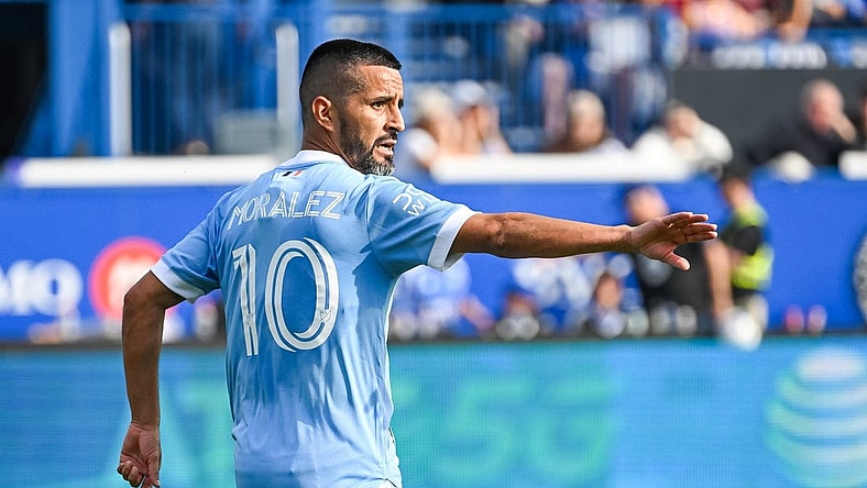 Oct 23, 2022; Montreal, Quebec, Canada; New York City FC midfielder Maxi Moralez (10) signals his teammates against CF Montreal during the first half of the conference semifinals for the Audi 2022 MLS Cup Playoffs at Stade Saputo. Mandatory Credit: David Kirouac-USA TODAY Sports