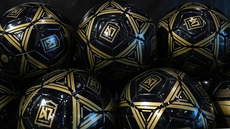 Nov 1, 2022; Los Angeles, California, USA; Los Angeles FC logo soccer balls at the LAFC HQ store at Banc of California Stadium. Mandatory Credit: Kirby Lee-USA TODAY Sports