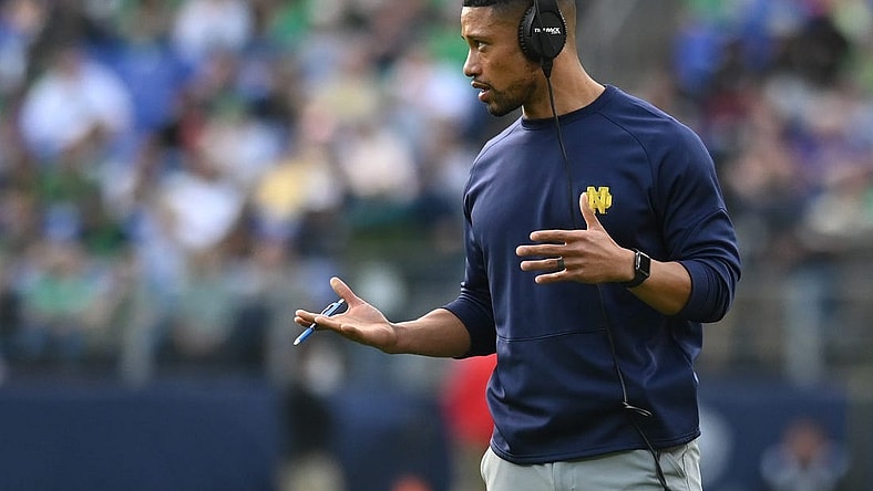 Notre Dame Fighting Irish head coach Marcus Freeman  during the second half against the Navy Midshipmen at M&T Bank Stadium. Mandatory Credit: Tommy Gilligan-USA TODAY Sports