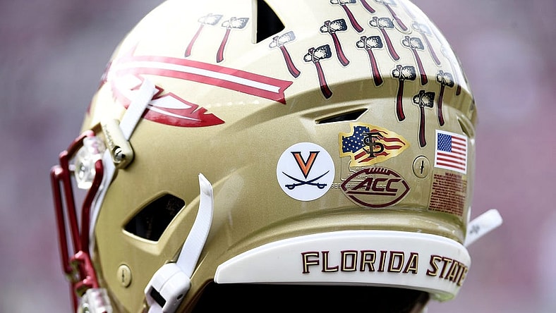 Nov 19, 2022; Tallahassee, Florida, USA; Florida State Seminoles helmets with stickers honoring the University of Virginia seen before the game against the Louisiana Ragin' Cajuns at Doak S. Campbell Stadium. Mandatory Credit: Melina Myers-USA TODAY Sports