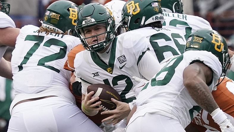 Nov 25, 2022; Austin, Texas, USA; Baylor Bears quarterback Blake Shapen (12) during the second half against the Texas Longhorns at Darrell K Royal-Texas Memorial Stadium. Mandatory Credit: Scott Wachter-USA TODAY Sports