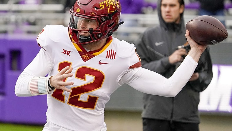 Nov 26, 2022; Fort Worth, Texas, USA; Iowa State Cyclones quarterback Hunter Dekkers (12) warms up prior to a game against the TCU Horned Frogs at Amon G. Carter Stadium. Mandatory Credit: Raymond Carlin III-USA TODAY Sports