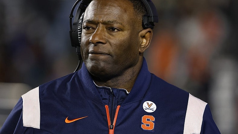 Nov 26, 2022; Chestnut Hill, Massachusetts, USA; Syracuse Orange head coach Dino Babers looks on during the second half against the Boston College Eagles at Alumni Stadium. Mandatory Credit: Winslow Townson-USA TODAY Sports