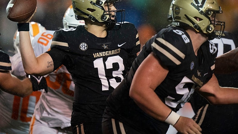 Vanderbilt quarterback AJ Swann (13) throws a pass against Tennessee during the third quarter at FirstBank Stadium Saturday, Nov. 26, 2022, in Nashville, Tenn.

Ncaa Football Tennessee Volunteers At Vanderbilt Commodores