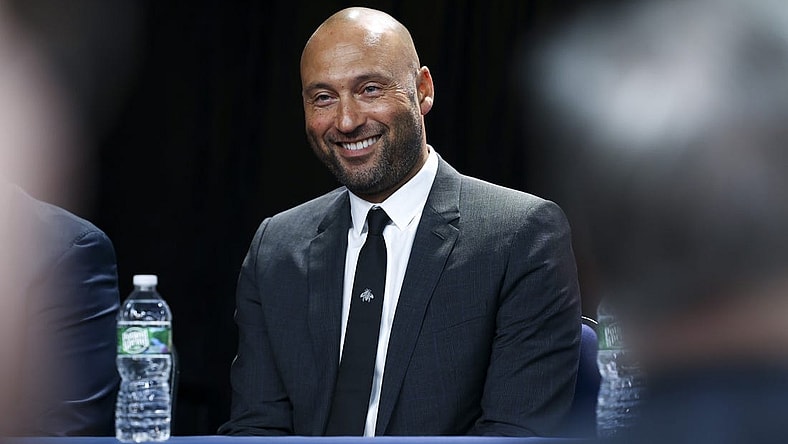 Dec 21, 2022; Bronx, New York, USA; Derek Jeter reacts during a press conference at Yankee Stadium. Mandatory Credit: Jessica Alcheh-USA TODAY Sports