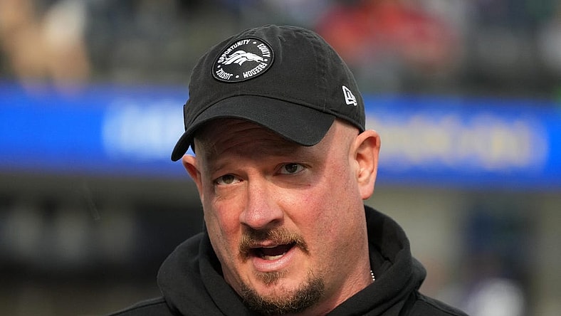 Dec 25, 2022; Inglewood, California, USA; Denver Broncos head coach Nathaniel Hackett reacts in the first half against the Los Angeles Rams at SoFi Stadium. Mandatory Credit: Kirby Lee-USA TODAY Sports