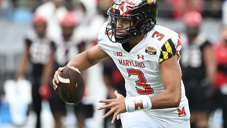 Dec 30, 2022; Charlotte, NC, USA; Maryland Terrapins quarterback Taulia Tagovailoa (3) looks to pass in the second quarter in the 2022 Duke's Mayo Bowl at Bank of America Stadium. Mandatory Credit: Bob Donnan-USA TODAY Sports
