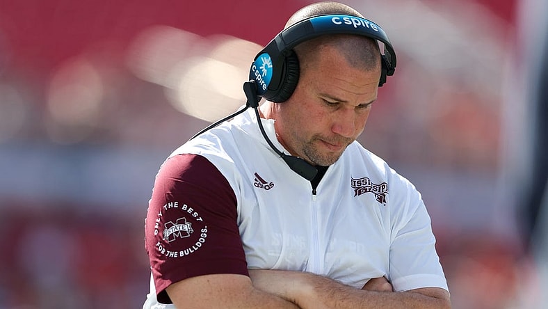 Jan 2, 2023; Tampa, FL, USA; Mississippi State Bulldogs head coach Zach Arnett looks on from the sidelines during the 2023 ReliaQuest Bowl against the Illinois Fighting Illini in the first quarter at Raymond James Stadium. Mandatory Credit: Nathan Ray Seebeck-USA TODAY Sports