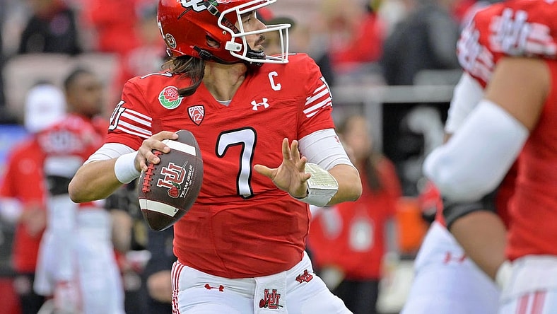 Jan 2, 2023; Pasadena, California, USA; Utah Utes quarterback Cameron Rising (7) warms up before the game between the Utah Utes and the Penn State Nittany Lions at Rose Bowl. Mandatory Credit: Jayne Kamin-Oncea-USA TODAY Sports