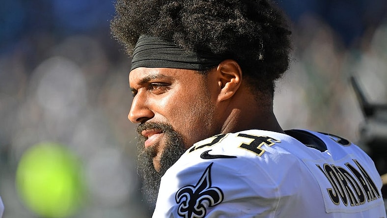 Jan 1, 2023; Philadelphia, Pennsylvania, USA; New Orleans Saints defensive end Cam Jordan (94) stands on the sidelines against the Philadelphia Eagles at Lincoln Financial Field. Mandatory Credit: Eric Hartline-USA TODAY Sports