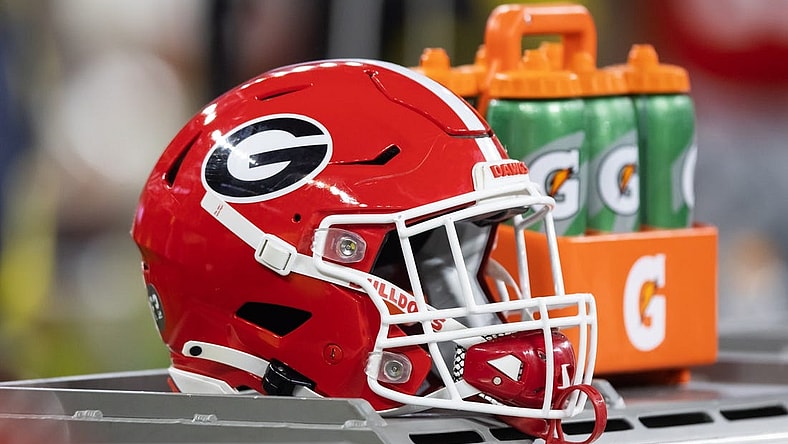 Jan 9, 2023; Inglewood, CA, USA; Detailed view of a Georgia Bulldogs helmet during the CFP national championship game at SoFi Stadium. Mandatory Credit: Mark J. Rebilas-USA TODAY Sports