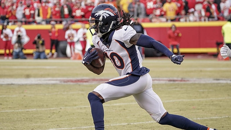 Jan 1, 2023; Kansas City, Missouri, USA; Denver Broncos wide receiver Jerry Jeudy (10) runs the ball against the Kansas City Chiefs during a game at GEHA Field at Arrowhead Stadium. Mandatory Credit: Denny Medley-USA TODAY Sports