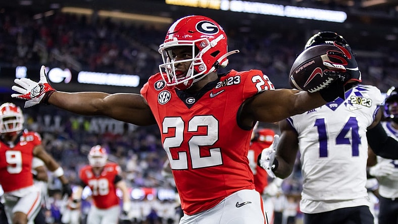 Jan 9, 2023; Inglewood, CA, USA; Georgia Bulldogs running back Branson Robinson (22) celebrates as he scores a rushing touchdown against the TCU Horned Frogs during the CFP national championship game at SoFi Stadium. Mandatory Credit: Mark J. Rebilas-USA TODAY Sports
