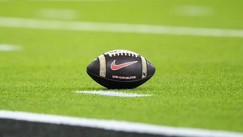 Jan 9, 2023; Inglewood, CA, USA; Detailed view of a Nike football on the field during the Georgia Bulldogs game against the TCU Horned Frogs during the CFP national championship game at SoFi Stadium. Mandatory Credit: Mark J. Rebilas-USA TODAY Sports
