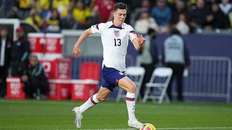 Jan 28, 2023; Carson, California, USA; USMNT forward Matthew Hoppe (13) pursues the ball against Columbia in the first half at Dignity Health Sports Park. The teams played to a 0-0 tie. Mandatory Credit: Kirby Lee-USA TODAY Sports