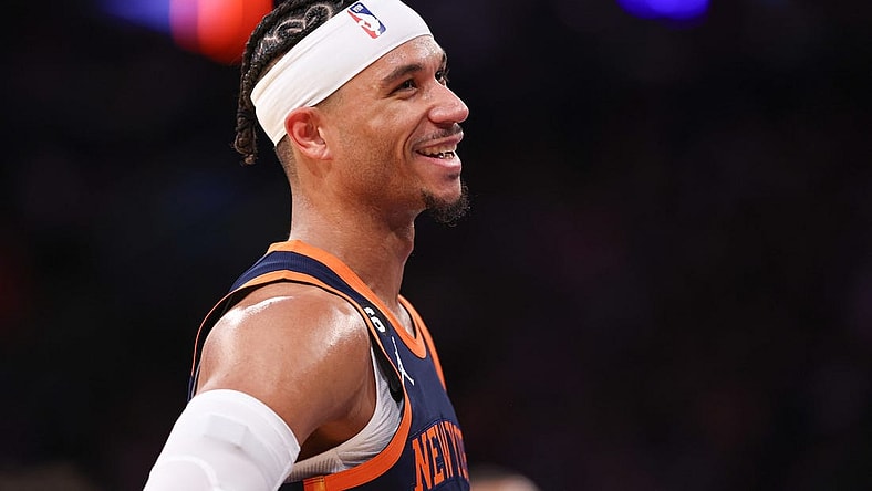 Feb 11, 2023; New York, New York, USA; New York Knicks guard Josh Hart (3) reacts during the second half against the Utah Jazz at Madison Square Garden. Mandatory Credit: Vincent Carchietta-USA TODAY Sports