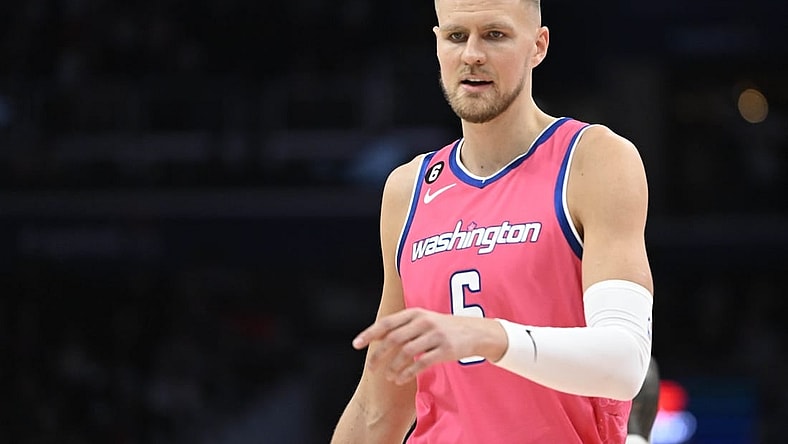 Mar 22, 2023; Washington, District of Columbia, USA; Washington Wizards center Kristaps Porzingis (6) on the court against the Denver Nuggets during the second half at Capital One Arena. Mandatory Credit: Brad Mills-USA TODAY Sports