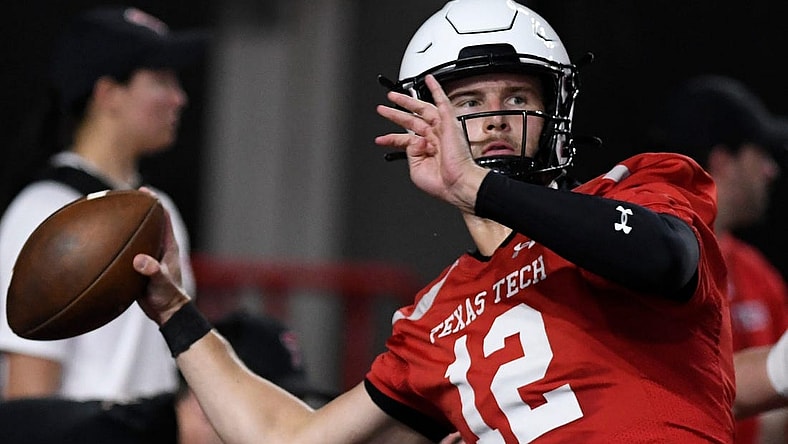 Texas Tech's Tyler Shough prepares to throw the ball during football practice, Thursday, March 23, 2023, at Sports Performance Center.