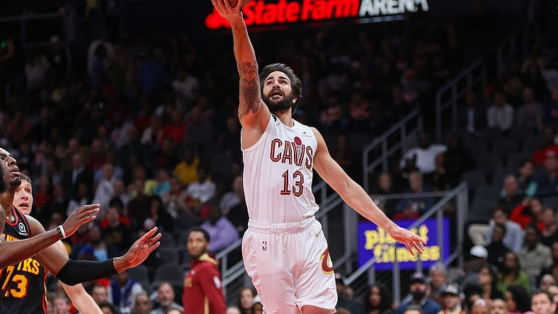 Mar 28, 2023; Atlanta, Georgia, USA; Cleveland Cavaliers guard Ricky Rubio (13) shoots against the Atlanta Hawks in the second quarter at State Farm Arena. Mandatory Credit: Brett Davis-USA TODAY Sports