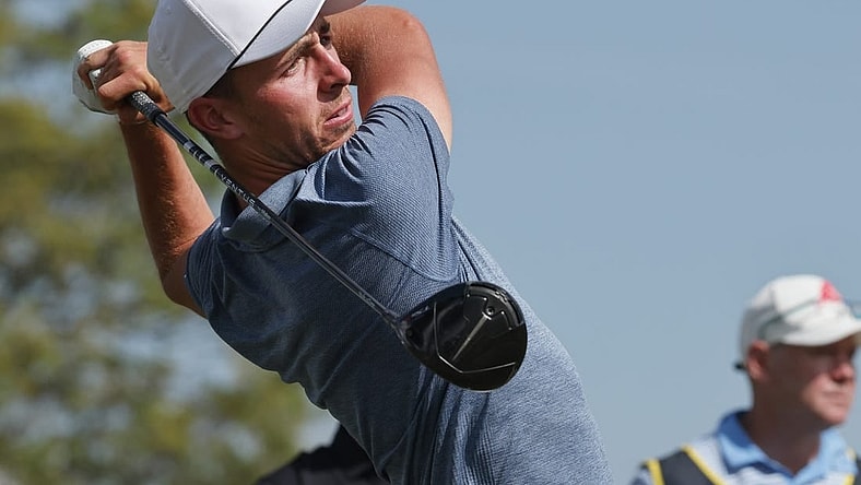 Apr 1, 2023; Orlando, Florida, USA; Peter Uihlein of the Aces golf club plays his shot from the fifth tee during the second round of a LIV Golf event at Orange County National. Mandatory Credit: Reinhold Matay-USA TODAY Sports