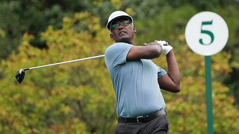 Apr 6, 2023; Augusta, Georgia, USA; Vijay Singh tees off on the fifth hole during the first round of The Masters golf tournament. Mandatory Credit: Kyle Terada-USA TODAY Network