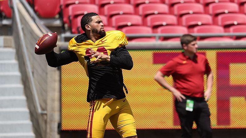 Apr 15, 2023; Los Angeles, CA, USA;  USC Trojans quarterback Caleb Williams (13) throws a ball on the sideline during the Spring Game at Los Angeles Memorial Coliseum. Mandatory Credit: Kiyoshi Mio-USA TODAY Sports