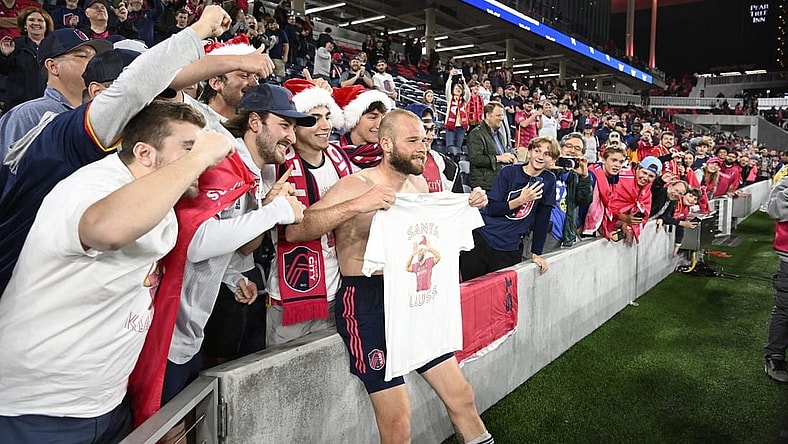 Apr 15, 2023; St. Louis, Missouri, USA; St. Louis City forward Klauss (9) celebrates with fans after a game against FC Cincinnati at CITYPARK. Mandatory Credit: Scott Rovak-USA TODAY Sports