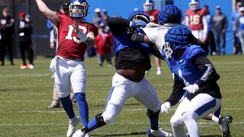 Kentucky   s Devin Leary throws the ball during open practice for the fans on Saturday.April 1, 2023

Kentuckypractice 26