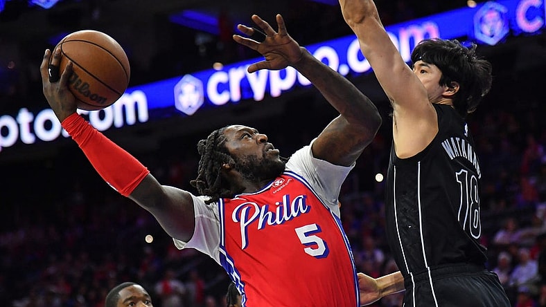 Apr 15, 2023; Philadelphia, Pennsylvania, USA; Philadelphia 76ers center Montrezl Harrell (5) shoots over Brooklyn Nets forward Yuta Watanabe (18) during game one of the 2023 NBA playoffs at Wells Fargo Center. Mandatory Credit: Eric Hartline-USA TODAY Sports
