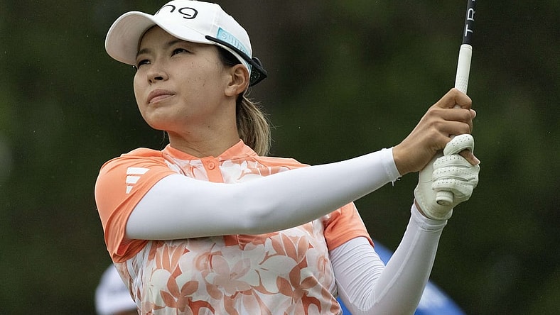 Apr 20, 2023; The Woodlands, Texas, USA; Hinako Shibuno  (JAP) drives off the sixth tee during the first round of The Chevron Championship golf tournament. Mandatory Credit: Thomas Shea-USA TODAY Sports