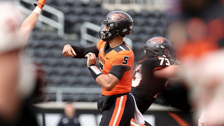 Oregon State quarterback DJ Uiagalelei (5) passes the ball during the spring showcase at Reser Stadium, Saturday, April 22, 2023, in Corvallis, Ore.

Oregon State Spring Game679