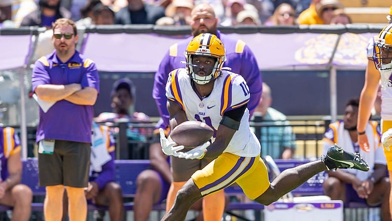 Denver Harris 11 makes a catch during the LSU Tigers Spring Game at Tiger Stadium in Baton Rouge, LA. SCOTT CLAUSE/USA TODAY NETWORK.  Saturday, April 22, 2023.

Lsu Spring Football 9726