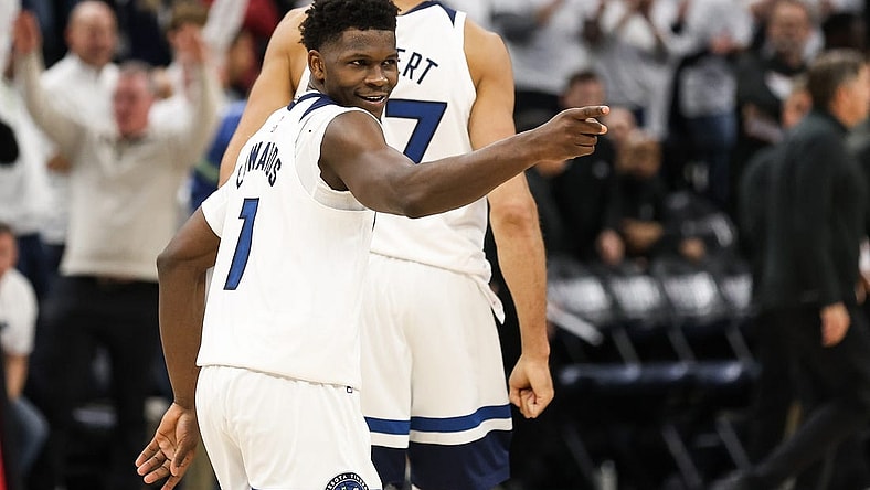 Apr 23, 2023; Minneapolis, Minnesota, USA; Minnesota Timberwolves guard Anthony Edwards (1) reacts to his shot against the Denver Nuggets during overtime of game four of the 2023 NBA Playoffs at Target Center. Mandatory Credit: Matt Krohn-USA TODAY Sports