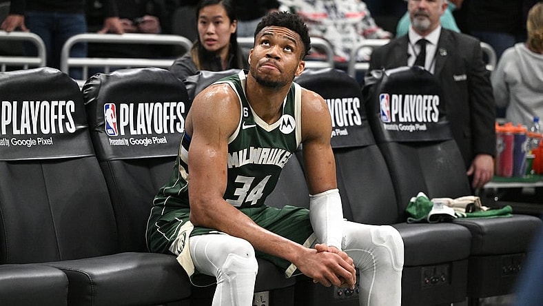 Apr 26, 2023; Milwaukee, Wisconsin, USA; Milwaukee Bucks forward Giannis Antetokounmpo (34) sits on the bench after a 128-126 loss to the Miami Heat during game five of the 2023 NBA Playoffs at Fiserv Forum. Mandatory Credit: Michael McLoone-USA TODAY Sports