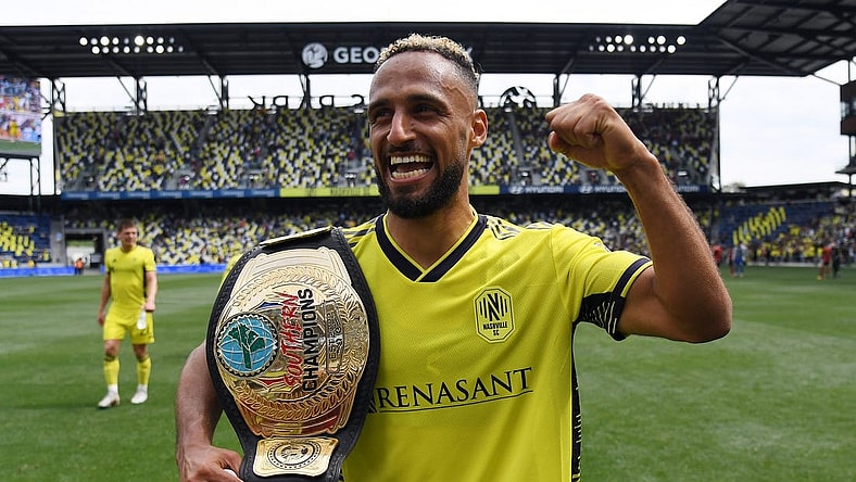Apr 29, 2023; Nashville, Tennessee, USA; Nashville SC midfielder Hany Mukhtar (10) celebrates after a win against the Atlanta United at Geodis Park. Mandatory Credit: Christopher Hanewinckel-USA TODAY Sports