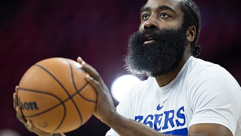 May 11, 2023; Philadelphia, Pennsylvania, USA; Philadelphia 76ers guard James Harden warms up before game six of the 2023 NBA playoffs against the Boston Celtics at Wells Fargo Center. Mandatory Credit: Bill Streicher-USA TODAY Sports