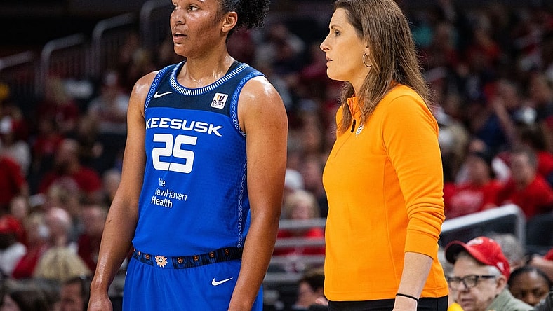 May 19, 2023; Indianapolis, Indiana, USA; Connecticut Sun head coach Stephanie White talks to Connecticut Sun forward Alyssa Thomas (25) in the first half against the Indiana Fever at Gainbridge Fieldhouse. Mandatory Credit: Trevor Ruszkowski-USA TODAY Sports