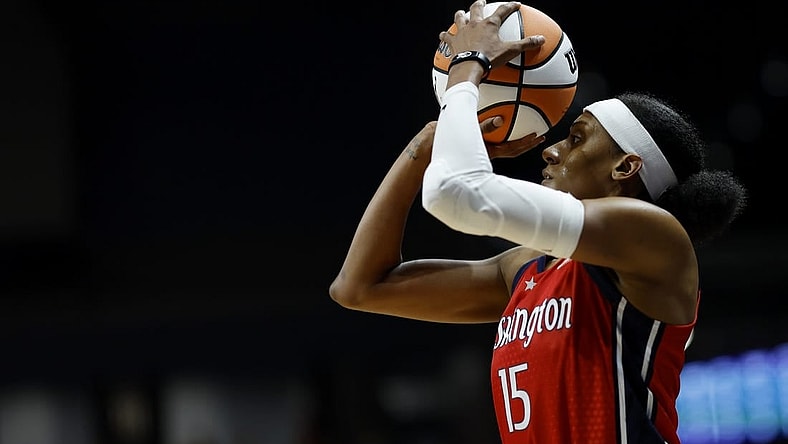 May 19, 2023; Washington, District of Columbia, USA; Washington Mystics guard Brittney Sykes (15) shoots the ball against the New York Liberty at Entertainment & Sports Arena. Mandatory Credit: Geoff Burke-USA TODAY Sports
