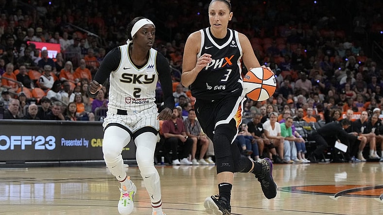 May 21, 2023; Phoenix, Arizona, USA; Phoenix Mercury guard Diana Taurasi (3) moves the ball against Chicago Sky guard Kahleah Copper (2) in the first half at Footprint Center. Mandatory Credit: Rick Scuteri-USA TODAY Sports