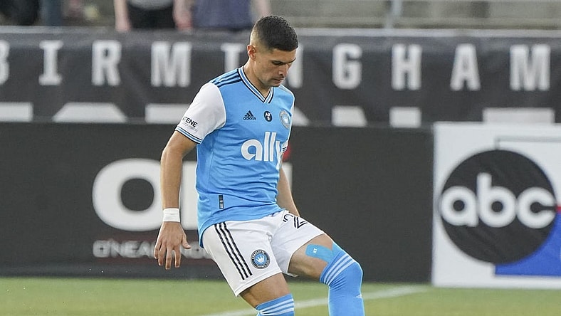 May 24, 2023; Birmingham, AL, USA; Charlotte FC defender Joseph Mora (28) controls the ball against Birmingham Legion FC during the first half at Protective Stadium. Mandatory Credit: Marvin Gentry-USA TODAY Sports