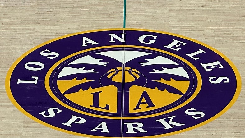 May 25, 2023; Los Angeles, California, USA; A general overall view of the LA Sparks logo at center court at Crypto.com Arena. Mandatory Credit: Kirby Lee-USA TODAY Sports