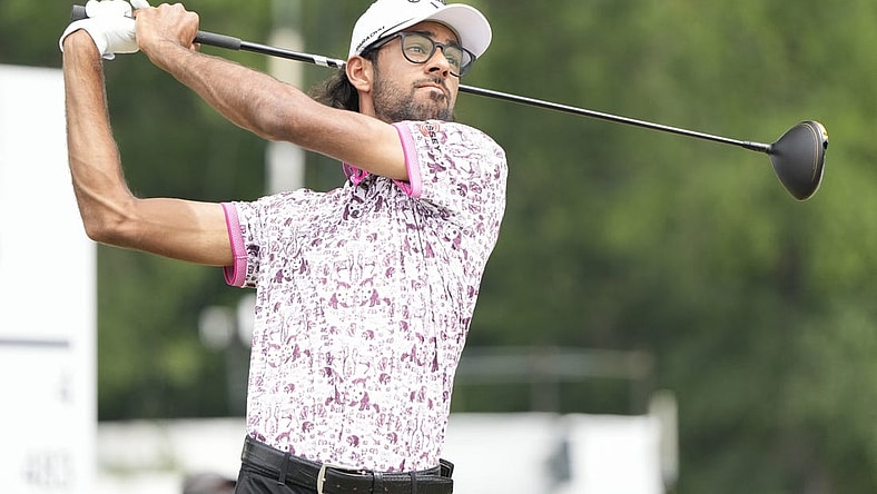May 27, 2023; Fort Worth, Texas, USA; Akshay Bhatia plays his shot from the third tee during the third round of the Charles Schwab Challenge golf tournament. Mandatory Credit: Jim Cowsert-USA TODAY Sports