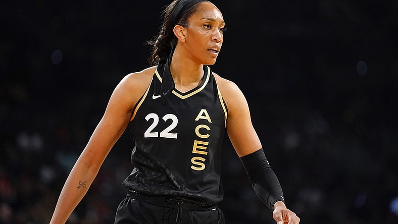 May 28, 2023; Las Vegas, Nevada, USA; Las Vegas Aces forward Aja Wilson (22) competes during the first quarter against the Minnesota Lynx at Michelob Ultra Arena. Mandatory Credit: Lucas Peltier-USA TODAY Sports